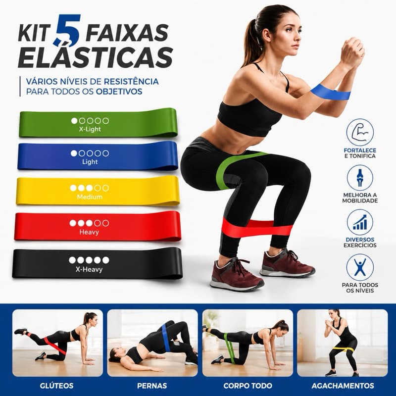Kit 5 Faixas Elásticas Mini Band de Resistência para Treino Funcional Musculação Pilates Glúteos e Pernas