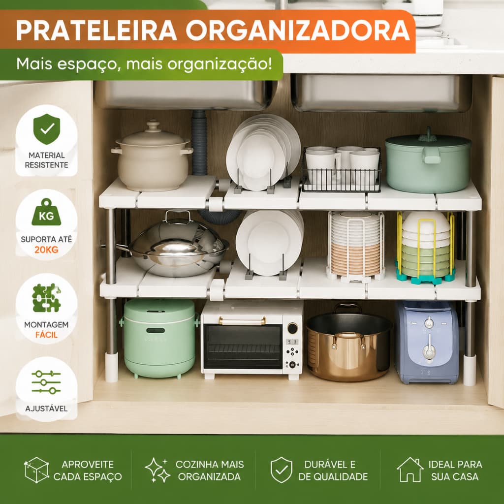 Suporte Organizador Para Cozinha Ajustável Telescópico 2 Camadas Gaveta Pia Multiuso