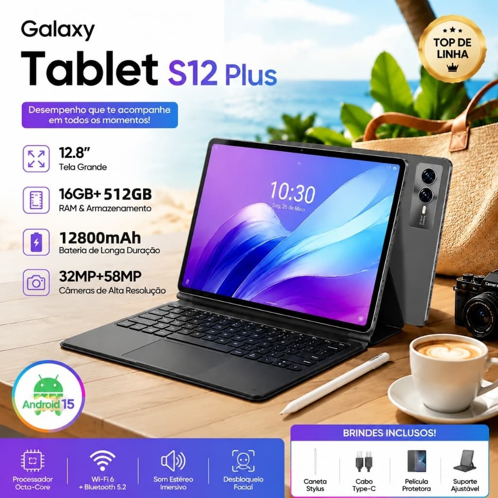 Tablet Galaxy S12 Plus 12.8" 16GB+512GB Android 15 | Tela 2K FHD+ | Bateria 12800mAh | Câmeras 32MP+58MP | 10 Núcleos |