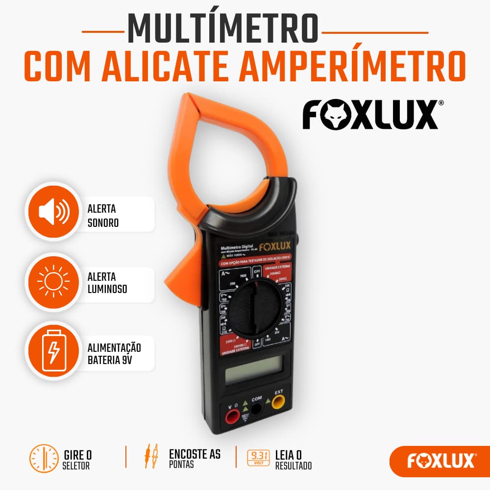 Alicate Amperímetro Digital Foxlux Multímetro Corrente e Tensão 1000A