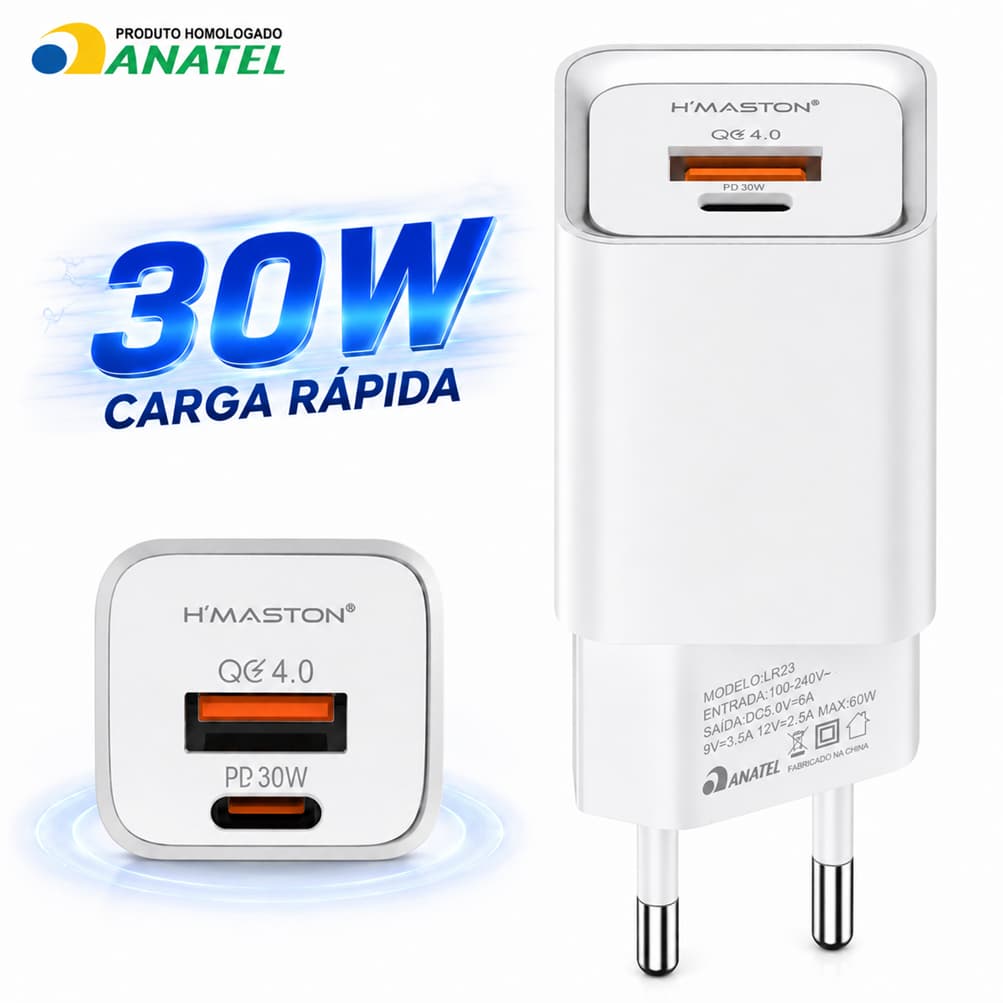 Fonte Carregador H'Maston LR23-4 60W Porta USB + USB-C PD QC4.0 Carregador Turbo Carga Rápida Celular