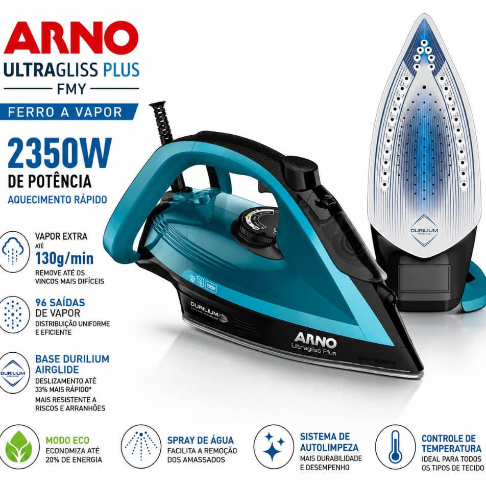 Ferro a Vapor Arno Ultragliss Plus FMY 2350W Base Durilium Airglide Vapor Extra Antiaderente Original