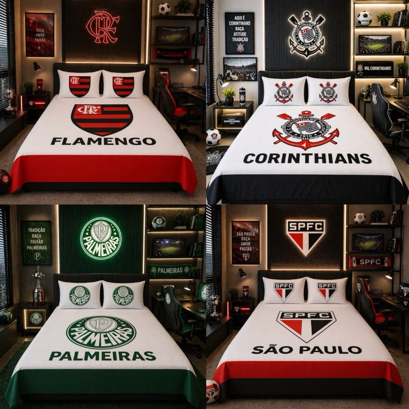 Lençol Casal Time de Futebol Pintado + 2 Fronhas | Jogo de Cama Personalizado Torcida