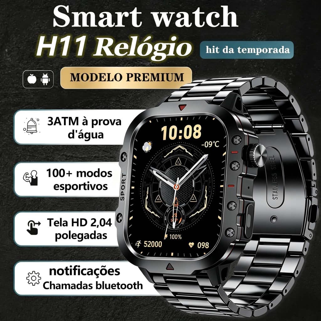 relogio masculino smartwatch H11 2.01'' HD AOMLED IP68 à Prova de água 100+ esportes 24h Monitora saúde Assistente de IA