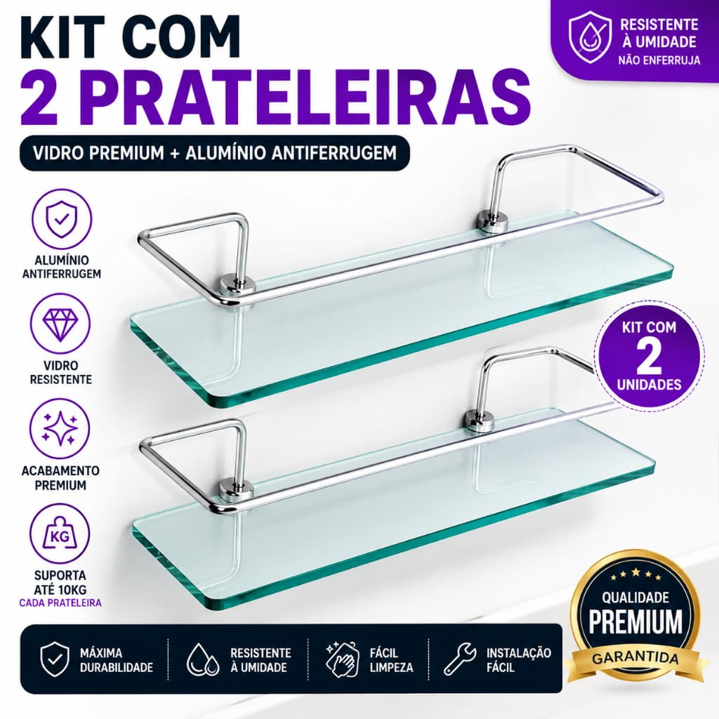Kit 2 Prateleiras Vidro para Banheiro Porta Shampoo Alumínio Antiferrugem Organizador Premium