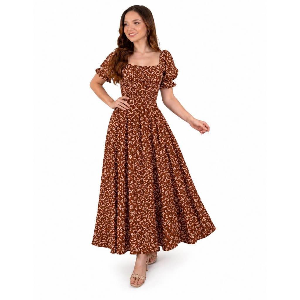 Vestido Longo Aurora Floral Feminino Manga Princesa Lastex Festa