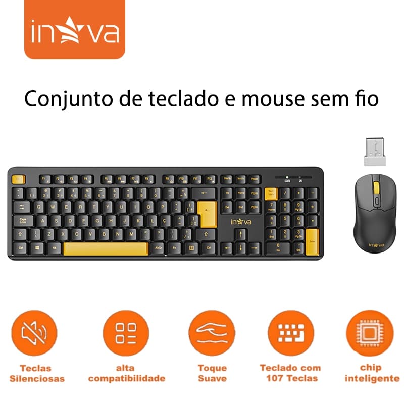 INOVA Kit Teclado Mouse Sem Fio Ergonômico | Baixa Latência Teclas Silenciosas Bateria Longa Duração