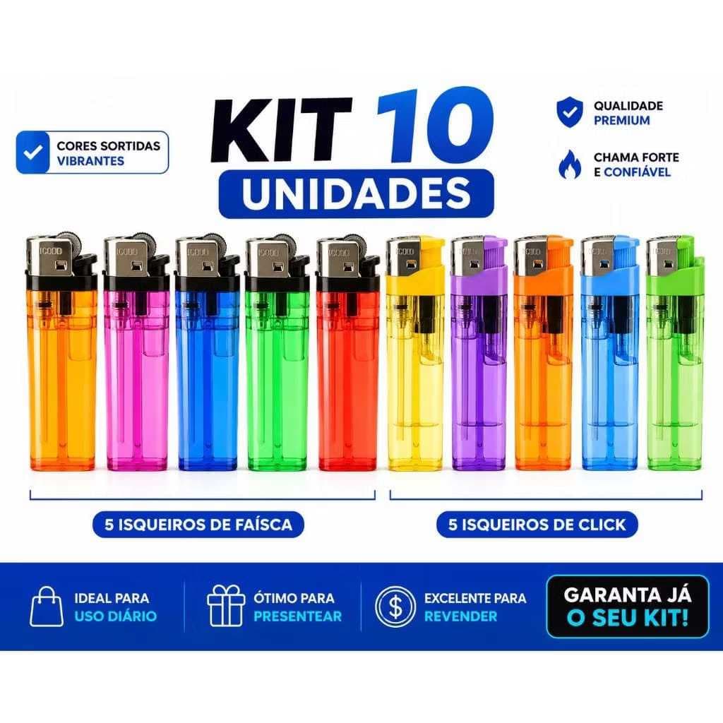 Kit 10 Isqueiros Simples Coloridos Para Comércio,Fogäo,Churrasco, Bares e Restaurante Sem Gás pronto para usar