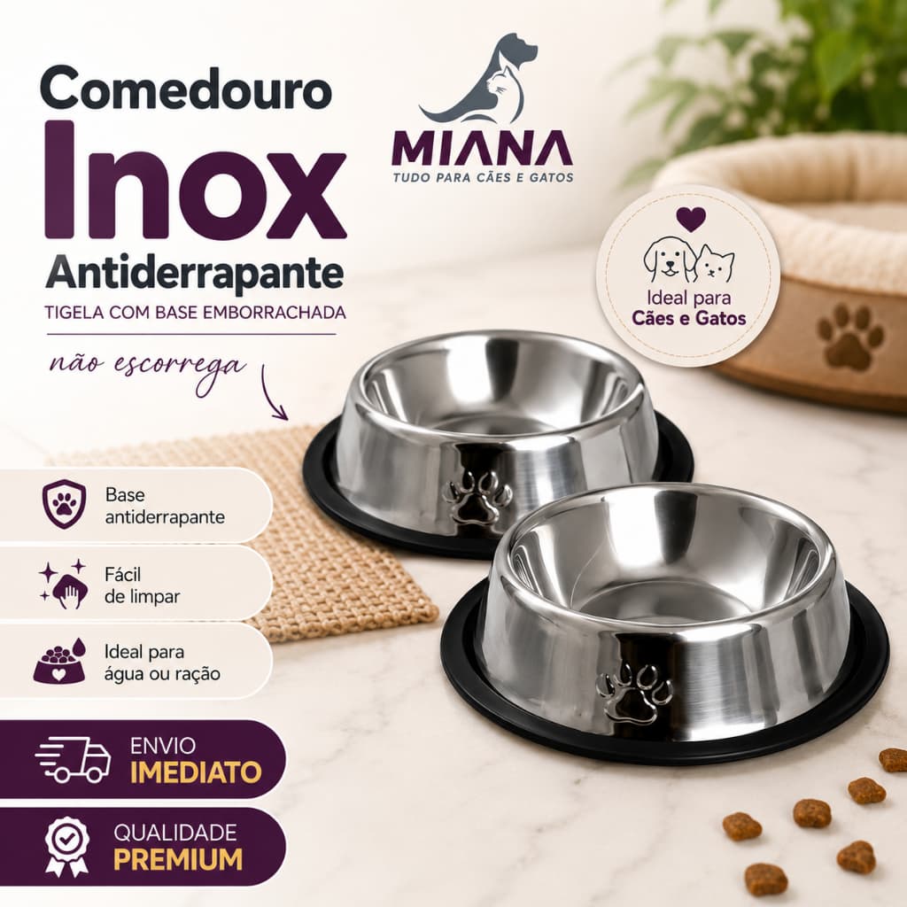 Kit 2 Tigela Comedor Pote de Ração Bowl em Aço Inox BASE DE BORRACHA Inox Cachorro Gato