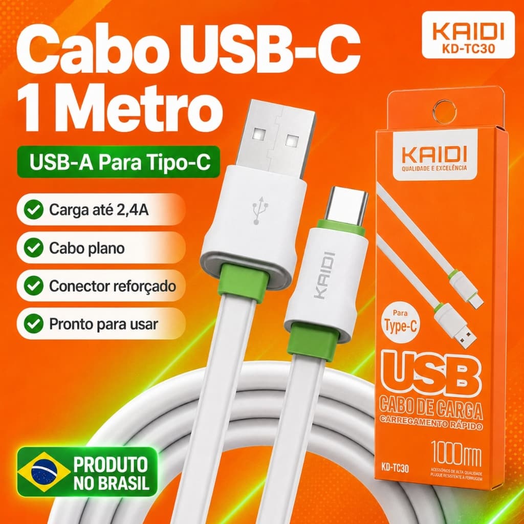 Cabo USB-A Para USB-C Kaidi KD-TC30 1m Carga Rápida Até 2.4A Tipo C 1metro