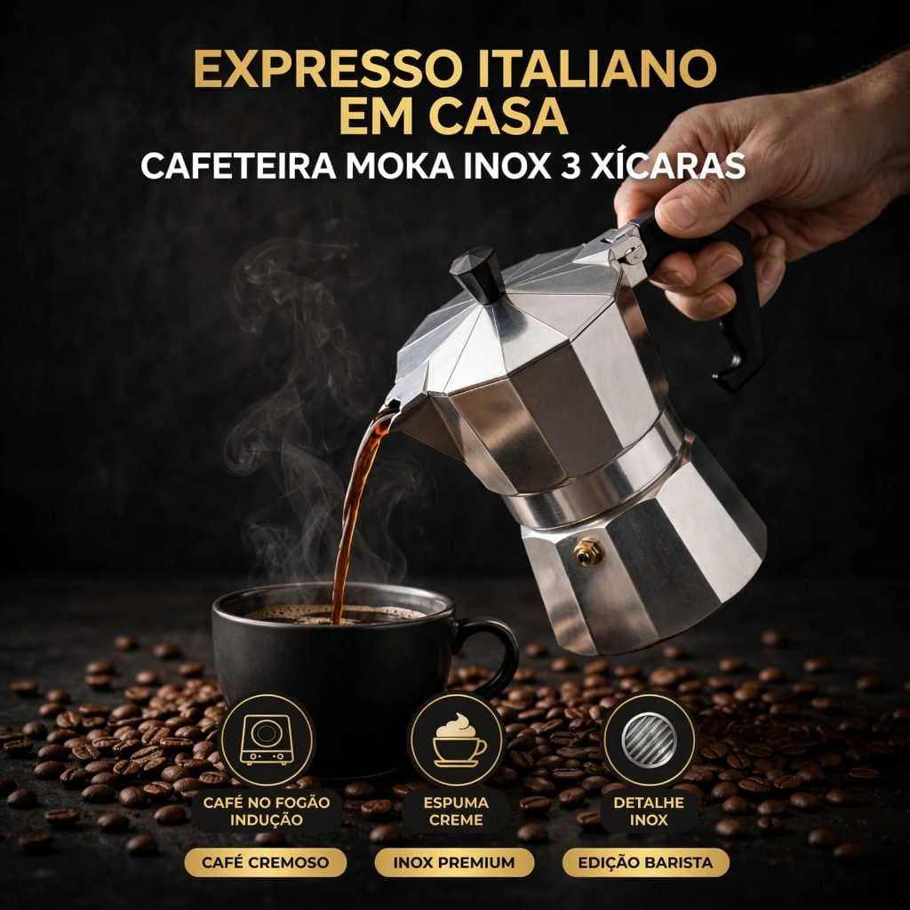 Cafeteira Italiana Moka Inox 3 Xícaras Café Espresso Expresso Forte Intenso Filtro Italiano Fogão a Gás Cozinha Manual