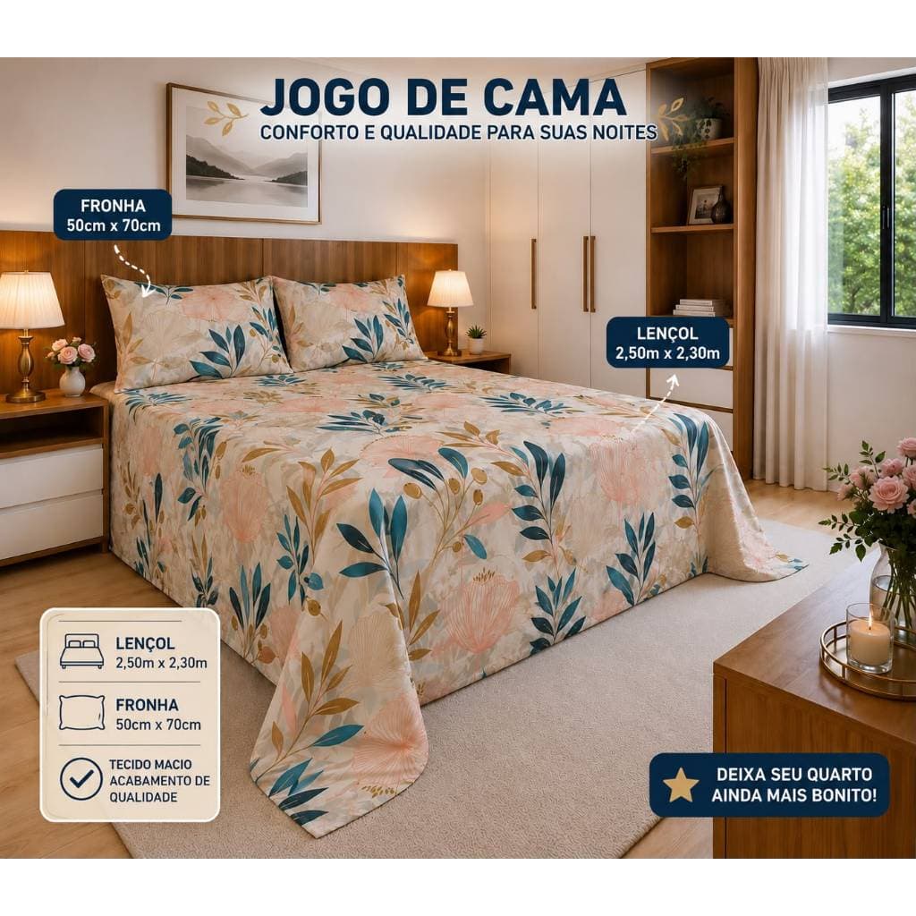 kit 3 peças jogo de Lençol Casal & Queen estampado