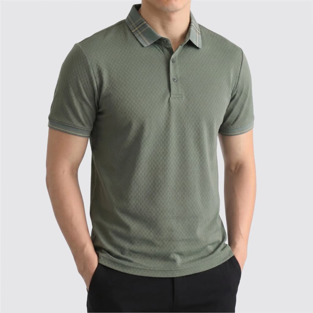 Camisa Polo Masculina Moda Legal Homem Textura Quadriculada Não Amassa Manga Curta Social