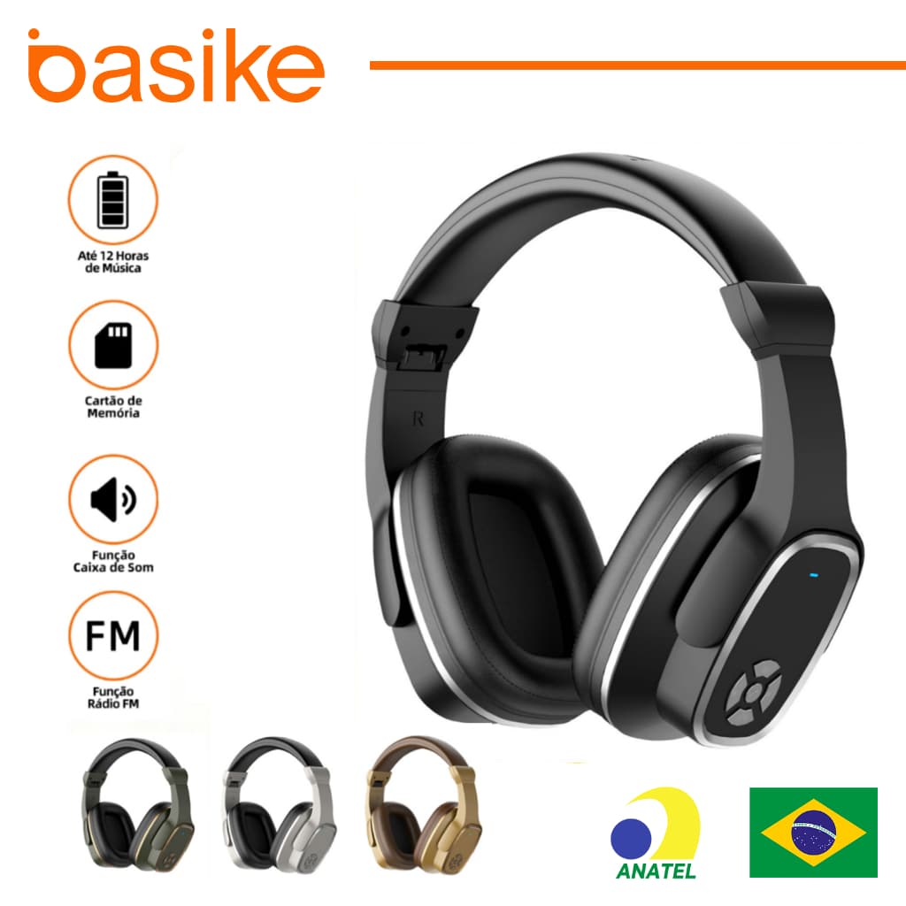 Basike Fone de Ouvido Bluetooth 5.3 Sem Fio Headphone com Micro SD Rádio FM Microfone Bateria 12H MP3（Ba-FON6667）