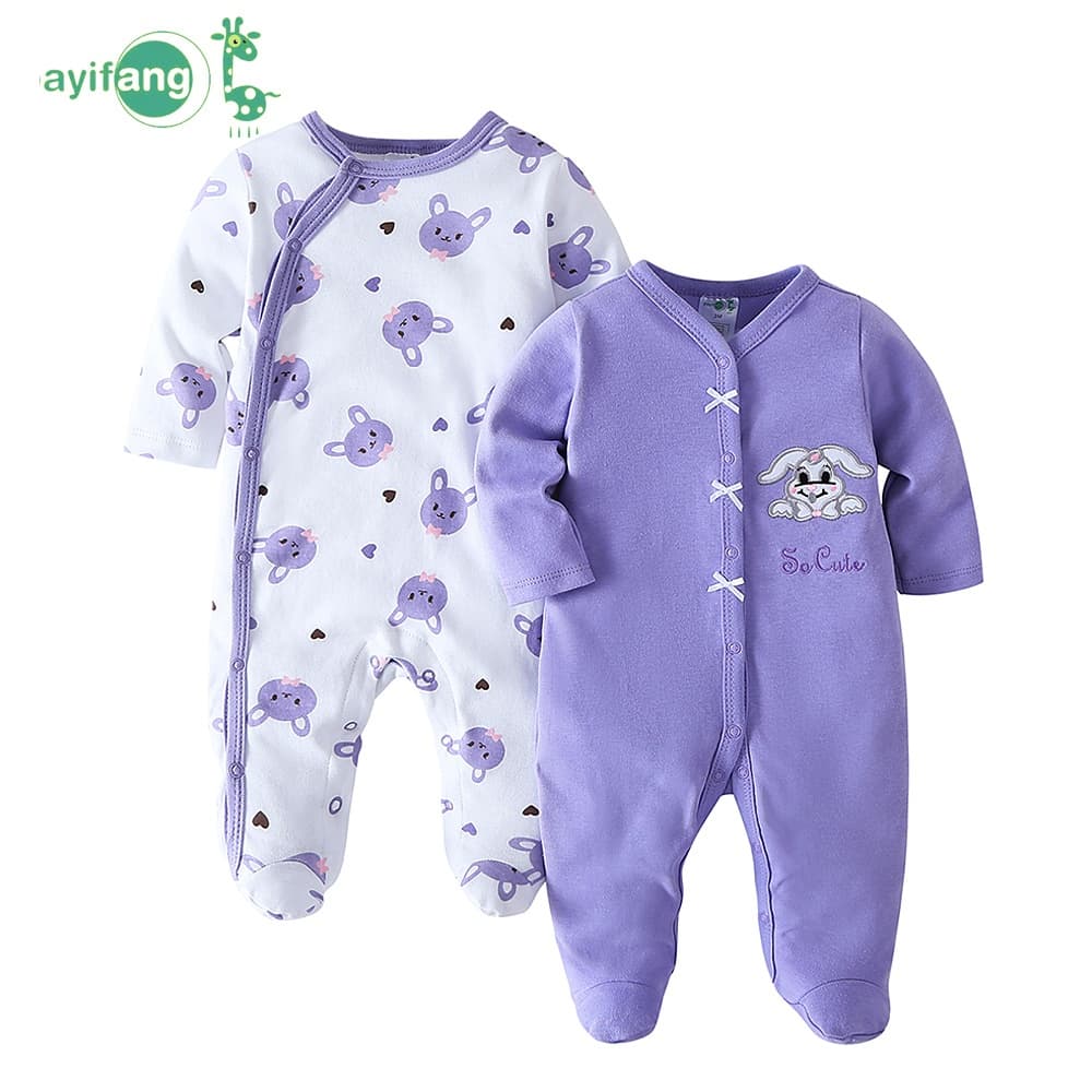 Kit 2 Macacão Bebê Menina Longo com Pé 100% Algodão Coelhinhos Lilás Roupa de Dormir TM-2022