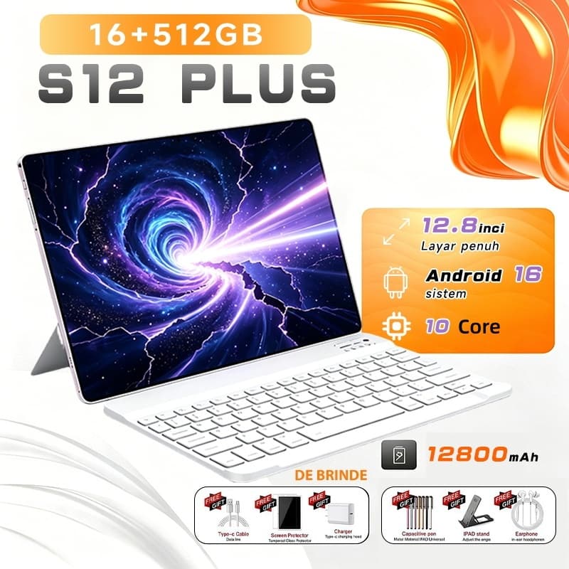 Tablet S12 Plus 16GB RAM + 512GB ROM Android 16 Tela 12.8" MTK6799 10 Core Câmera Dupla 58MP + 32MP Bluetooth WiFi GPS