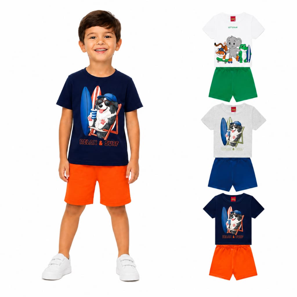 Conjunto Infantil Menino Kyly Verão Camiseta Estampada e Bermuda Moletom Leve Moderno Kids 1001868