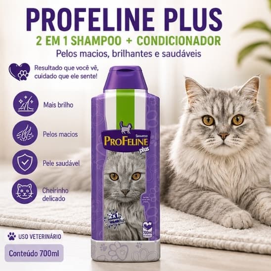 Shampoo 2 em 1 Para Gatos ProFeline Plus 700ml Shampoo Condicionador Pelos Macios e Brilhantes