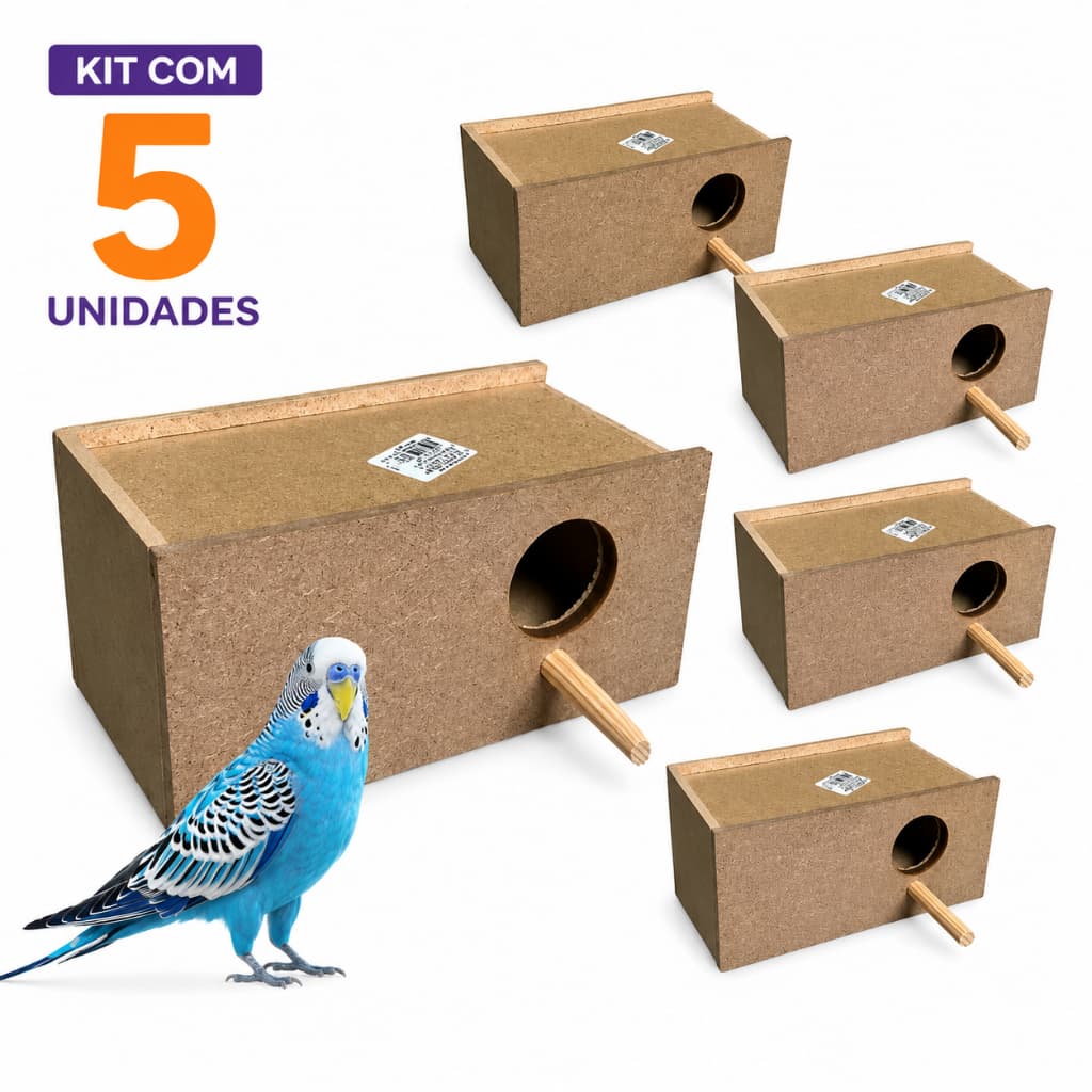 Ninho Para Periquito Casinha Para Passaros Aves em Madeira MDF - Kit 5 Unidades