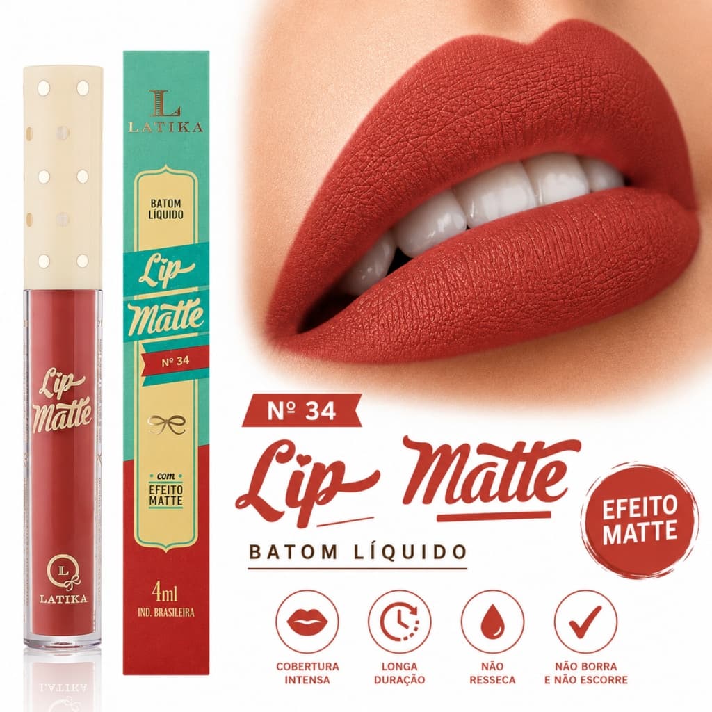 Batom Líquido Latika Lip Matte Argila Chic nº34 - Longa Duração, Efeito Supermate 4ml