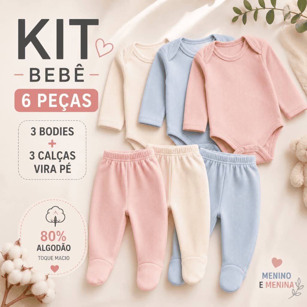 Kit Bebê 6 Peças Canelado 3 Bodies Manga Longa + 3 Calças Vira Pé mijão Suedine P M G enxoval