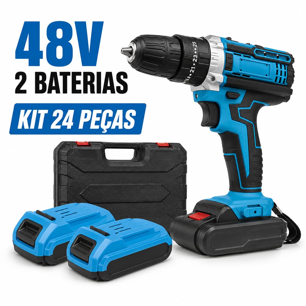 Furadeira Parafusadeira de Impacto 48V Sem Fio 2 Baterias Kit 24 Peças Maleta Plástica Doméstico