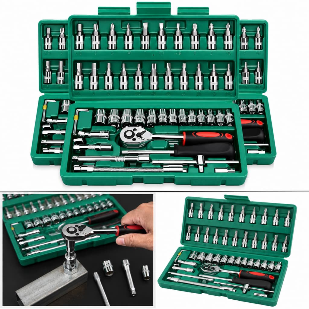 Kit Jogo de Ferramentas 46 Peças 1/4" com Catraca Reversível Soquetes Bits Estojo Profissional Completo