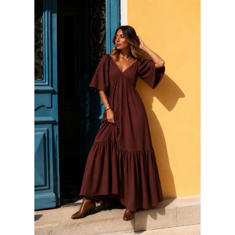 Vestido feminino longo viscolinho marrom soltinho Vestido Feminino Longo Estampado Viscose Premium Soltinho Decote V Man