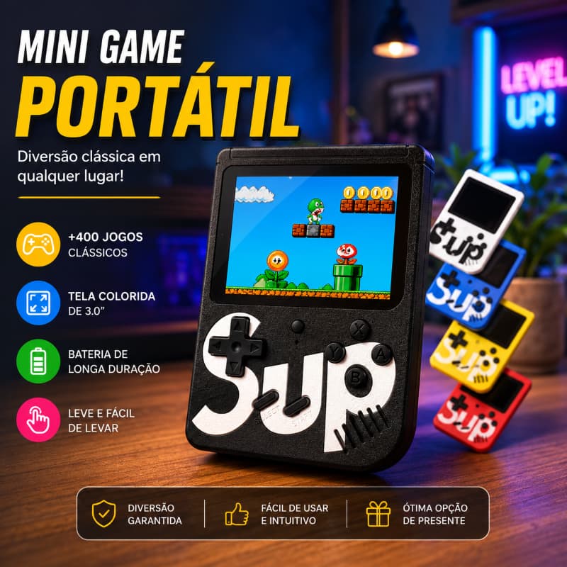 MINI Vídeo Game Box Portátil Infantil 400 Jogos Em 1 Clássicos Anos 80 Com Controle e Cabo AV Para TV