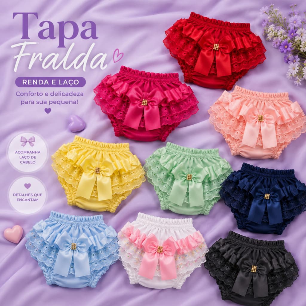 Inativo Tapa Fralda Cetim Bebê Com Detalhe de Strass Verão Conforto com Babado Calcinha Baby Tapa Fralda