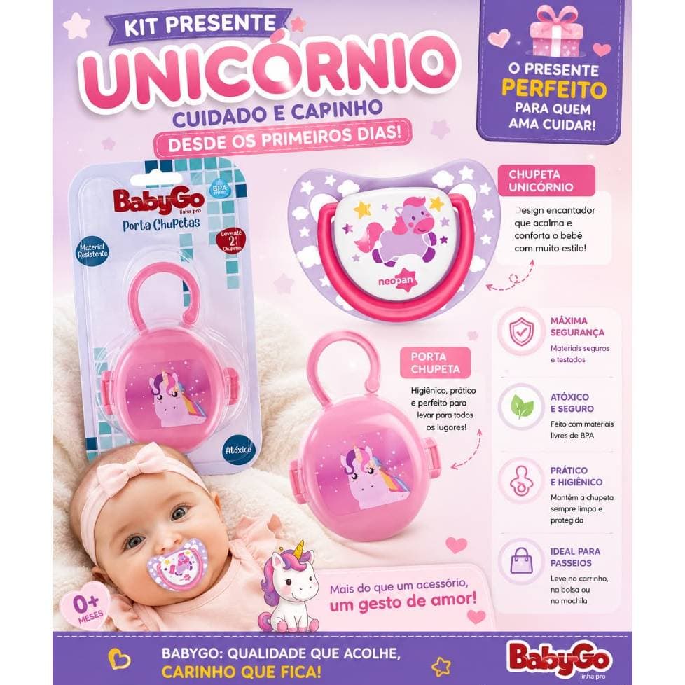 Kit porta chupeta Babygo e chupeta Neopan Tamanho 1 ( 0 a 6 meses) Unicórnio