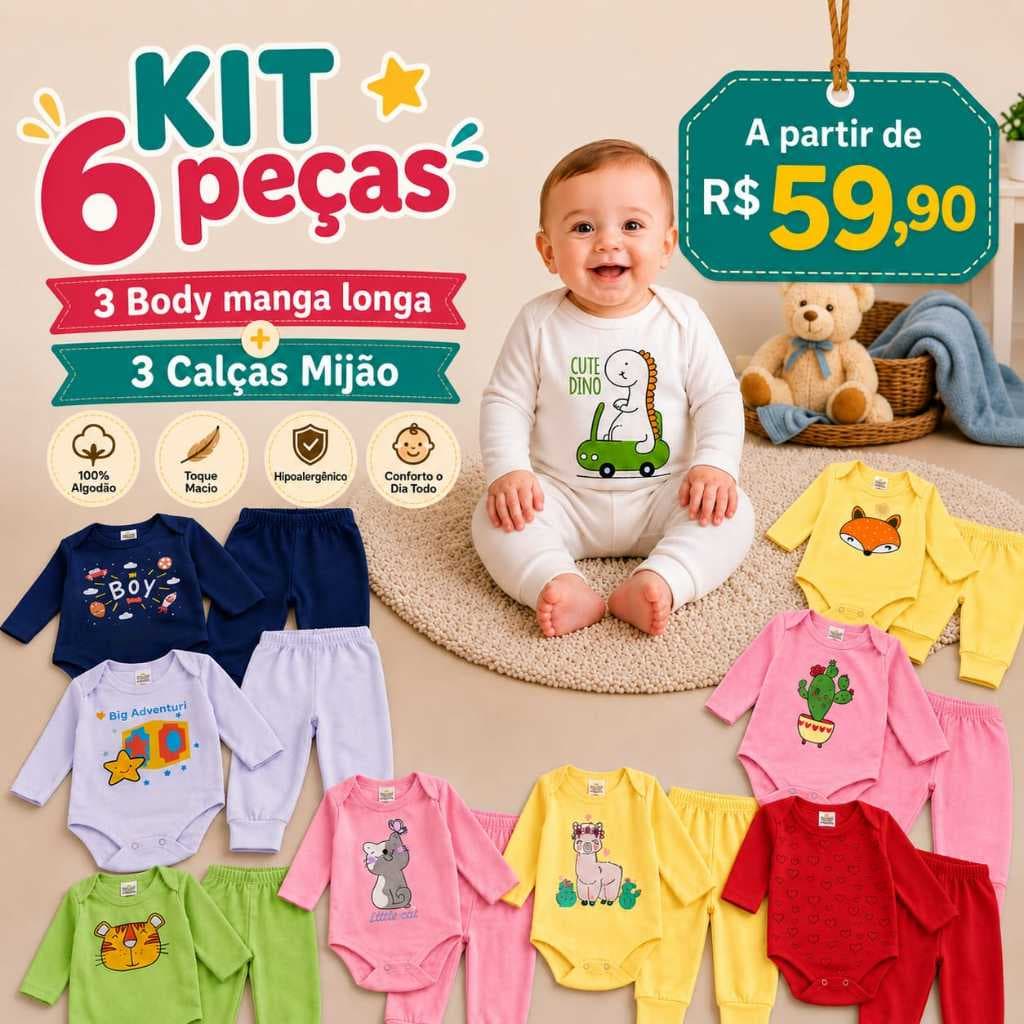 Kit 6 Peças Body Manga Longa e Calça de Bebê Confortável 100% Algodão Enxoval Bebê.
