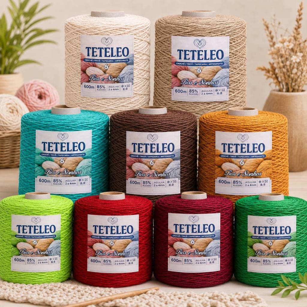 Barbante TETELEO Nº 6 600 Metros | 85% Algodão Premium | Antialérgico | Sem Poeira | Ideal para Crochê, Tricô, Tapeçaria
