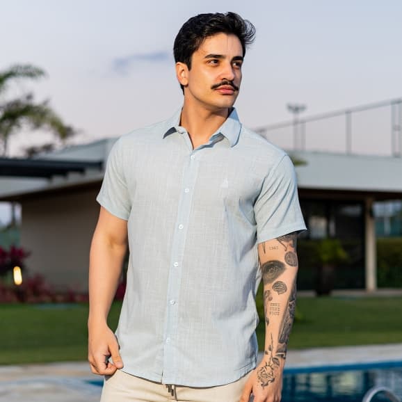 Camisa Social Masculina Manga Curta 100% Algodão Trama Linho Slim Fit