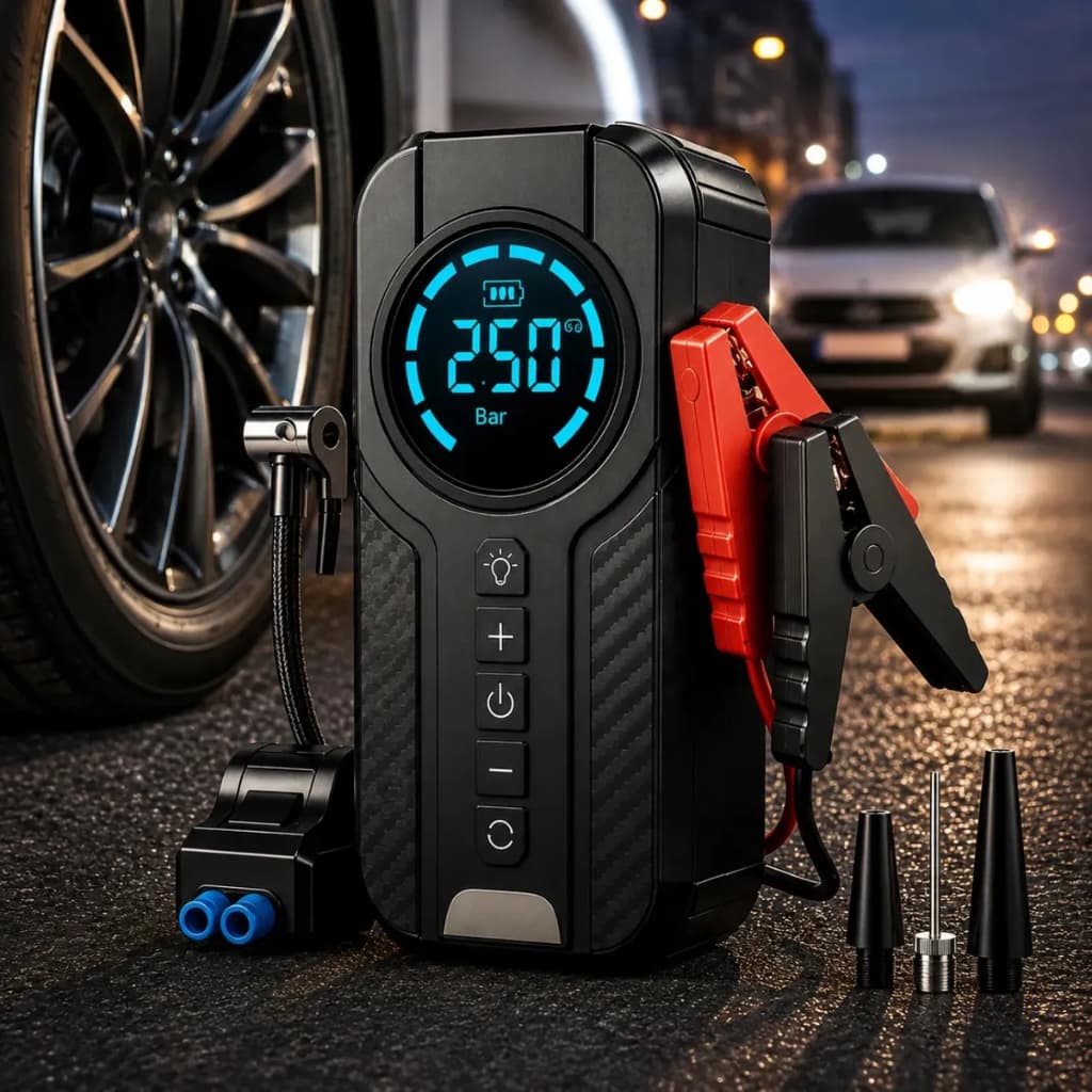 Auxiliar de Partida Carregador Bateria Com Compressor de Ar Emergência Portátil Veicular
