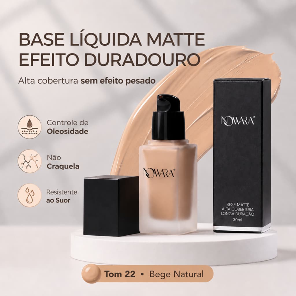 【NOWARA】 Base Liquida Matte Alta Cobertura Longa Duracao Controle de Oleosidade Resistente a Agua 30ml Tres Tons Bege