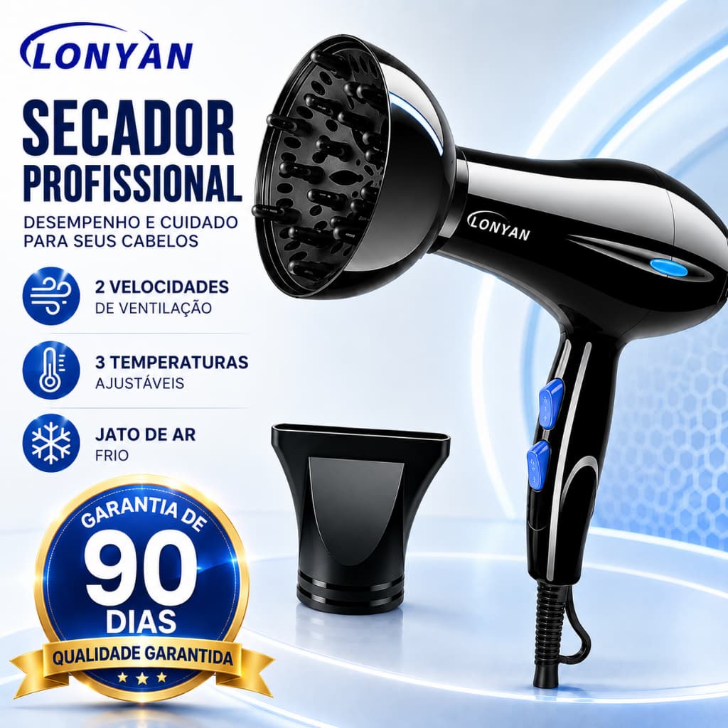 Secador de Cabelos Profissional com Difusor LONYAN 220V 127V 110V tecnologia com Ion 5 Níveis Quente Frio Silencioso