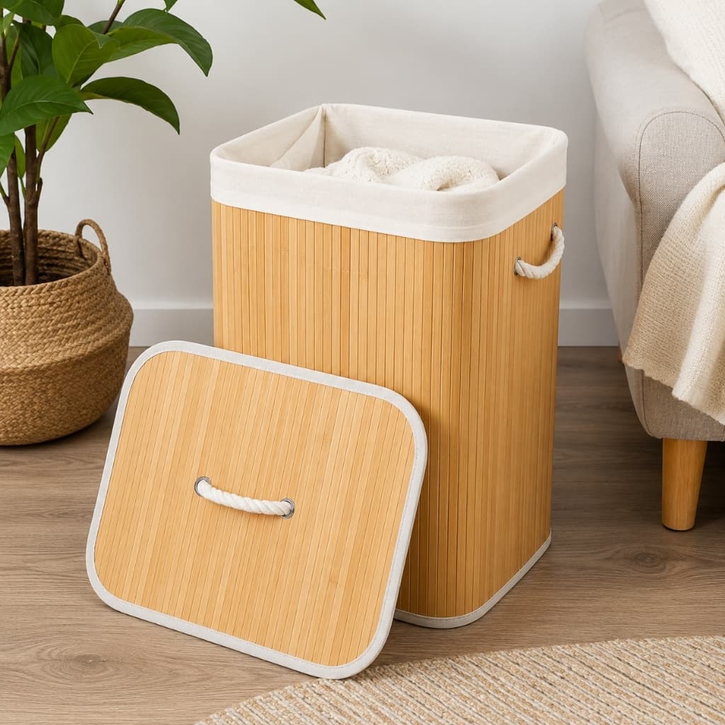 Cesto bambu de roupas sujas organizador Banheiro quarto 70 ou 50 Litros Tampa Alças Durável E Ecológico