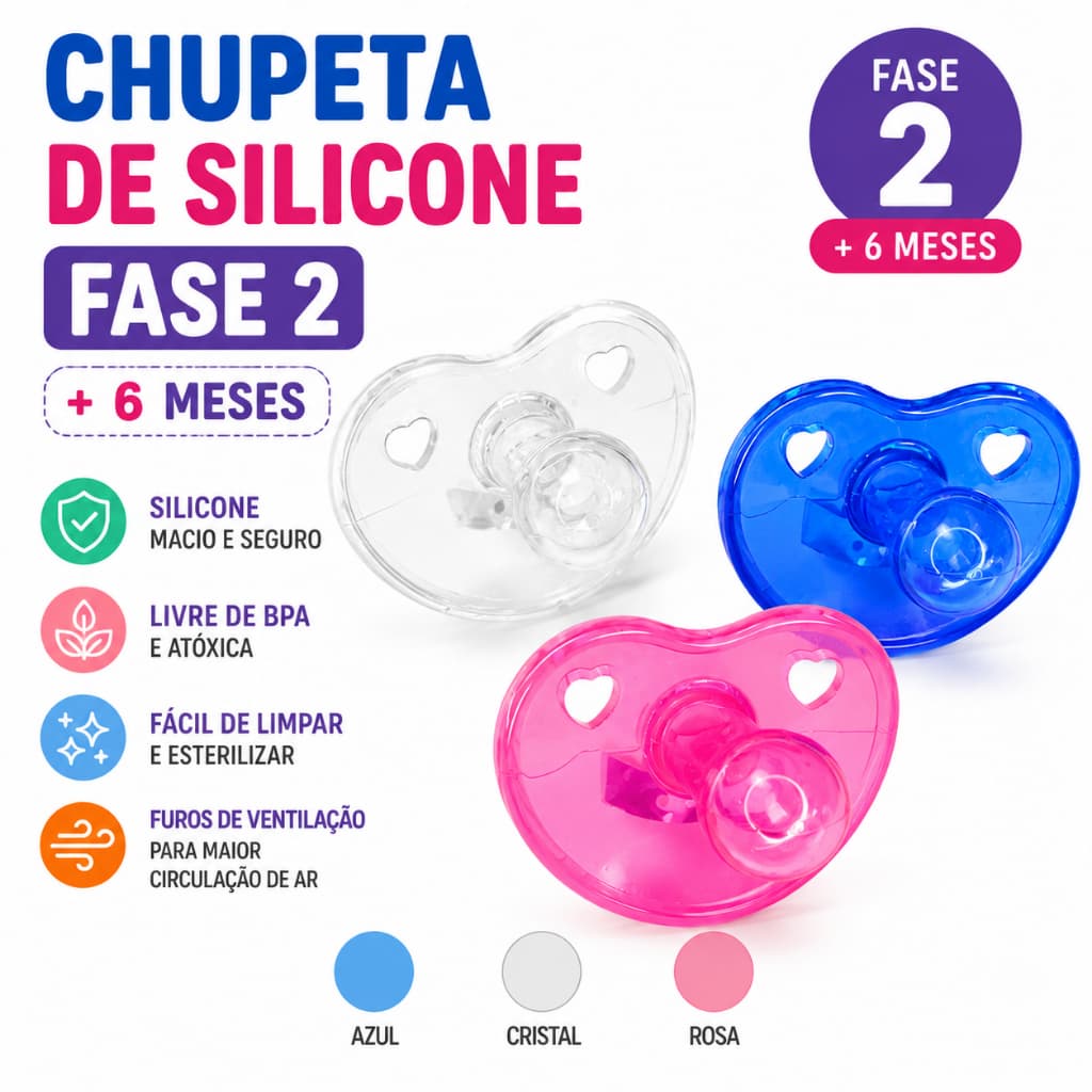 Chupeta 100% Silicone Fase 2 Bico Redondo Bebê Menino Menina Macia Livre de BPA Conforto e Qualidade