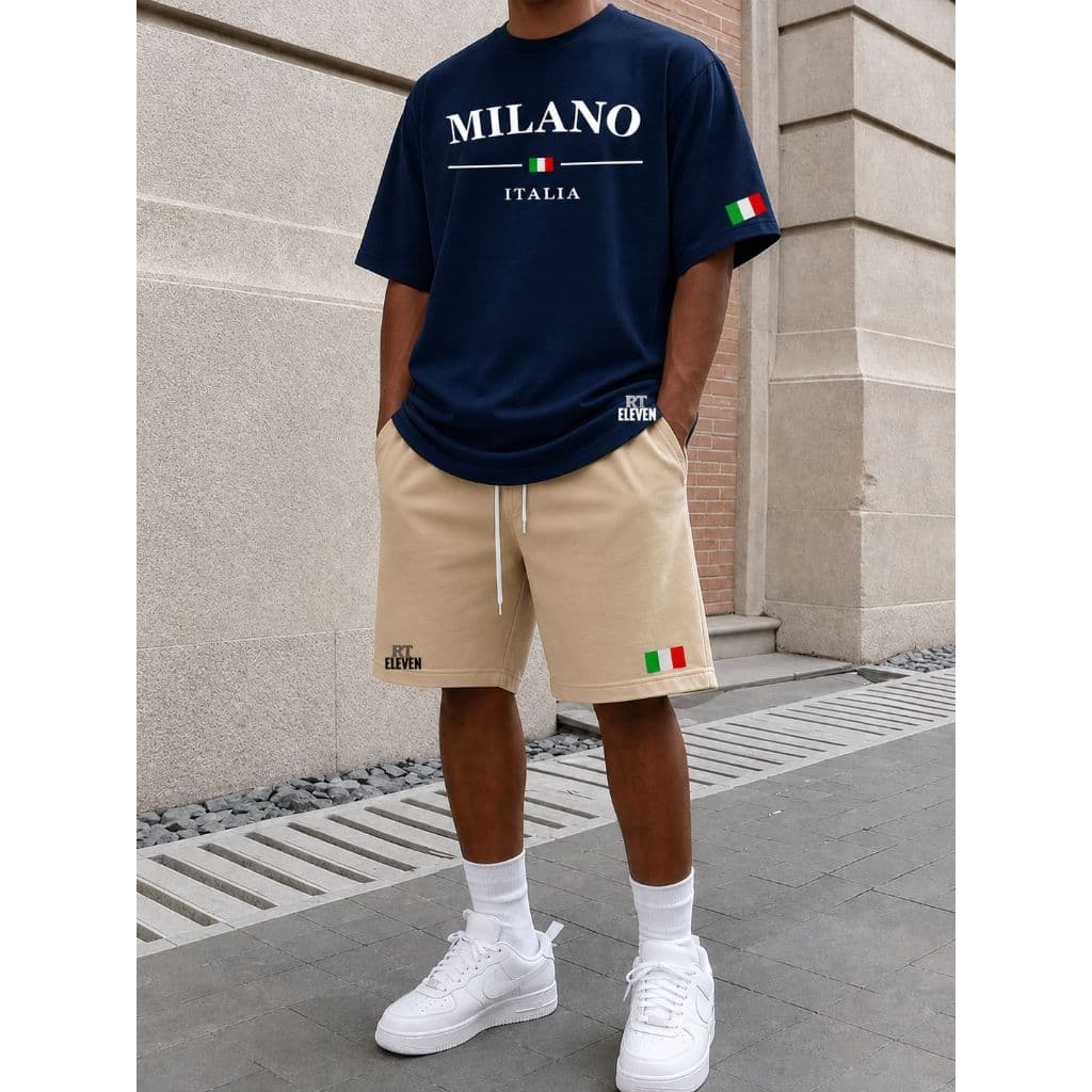Conjunto Milano Itália Camiseta Premium + Bermuda Moletom Com Bolso Masculino