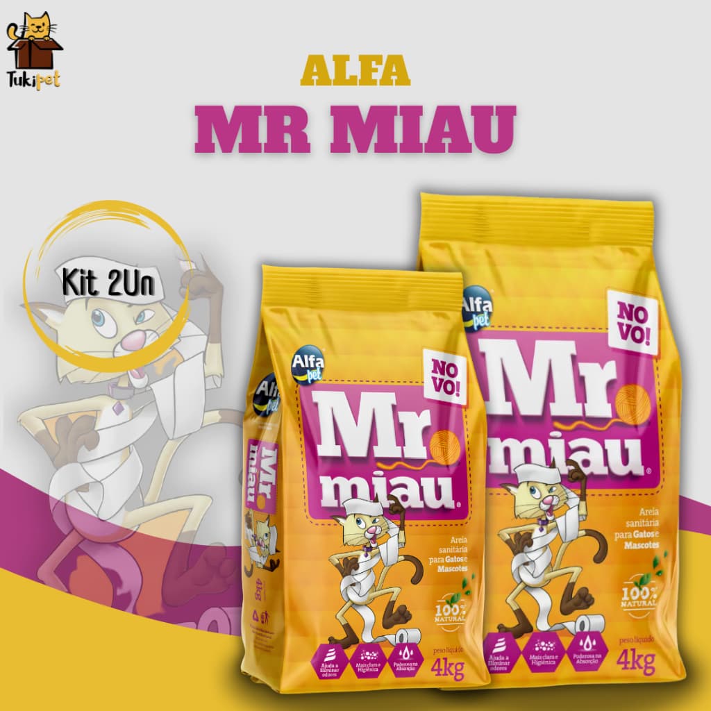 Kit 2 Un Areia Sanitária Higiênica Para Gatos Anti Odor Mr Miau Sem Perfume Pacotes de 4kg