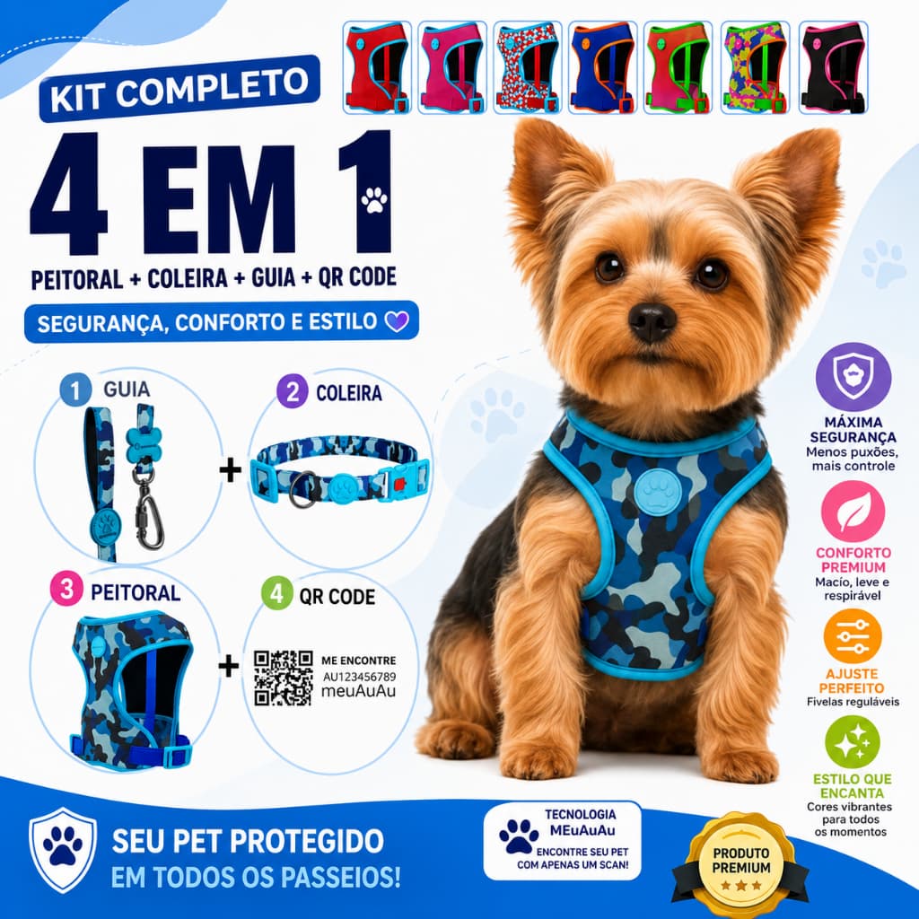 Kit Com 4 Peças Peitoral + Coleira + Guia + Qr Code Localizador Pet Cachorro Cães
