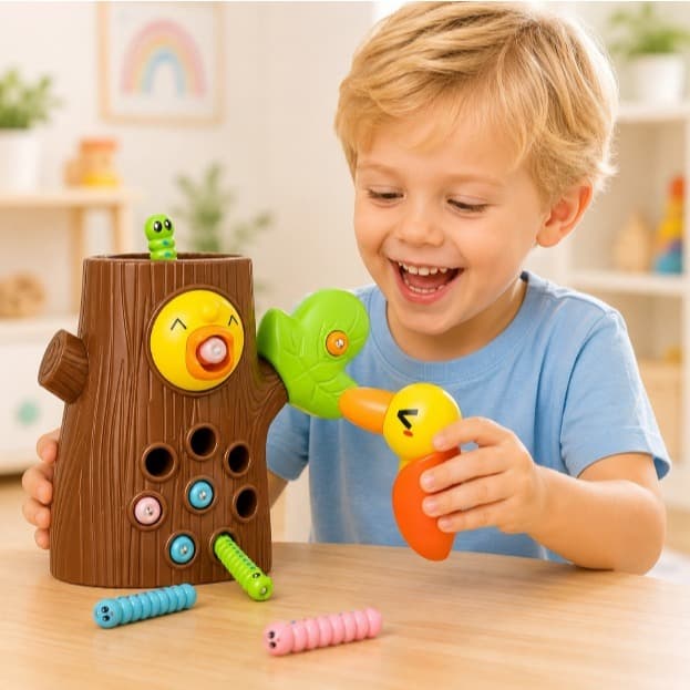 Brinquedo Educativo Pica-Pau Pesca Minhoca Treino Coordenação Olho Mão Montessori Brinquedo Sensorial