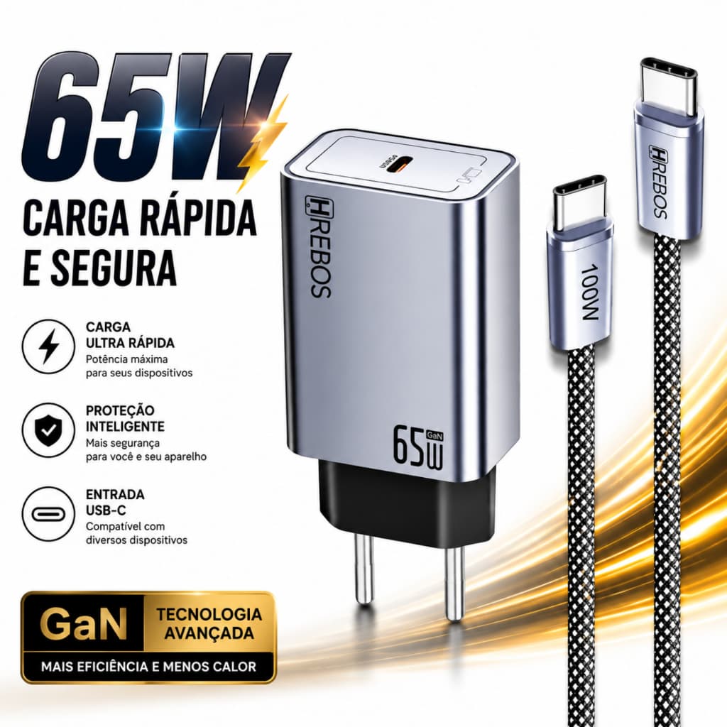 Carregador Celular Turbo 65W USB-C PD + Cabo Type-C Carga Rápida Carregador Rapido Gan USB-C