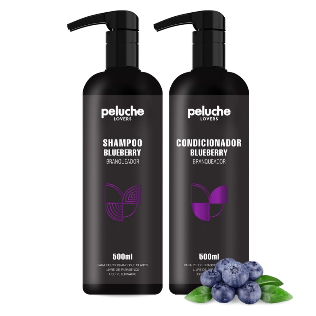 Kit Shampoo Branqueador Blueberry + Condicionador Peluche 500ml Para Cães e Gatos Pelos Claros