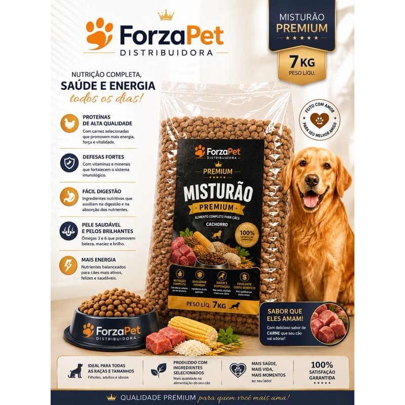 Ração Cachorro Misturão Premium ForzaPet 7kg Carne Alimento Completo para Cães Adultos Todas as Raças