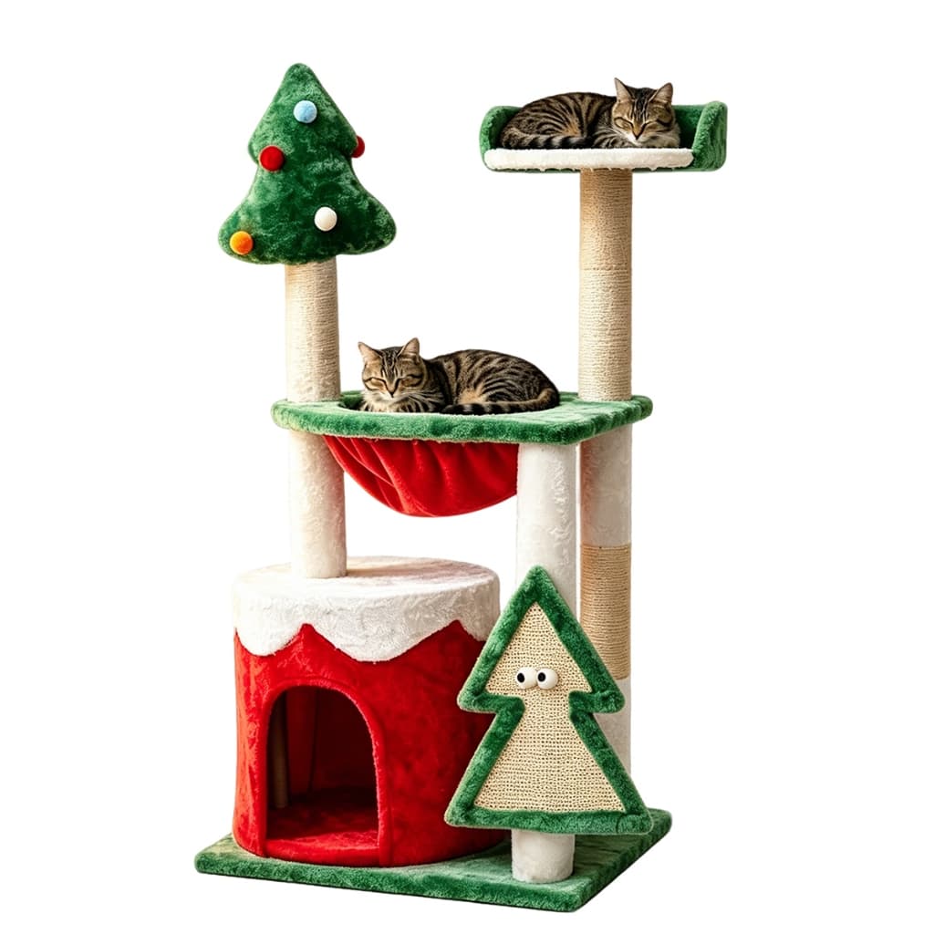 Torre Arranhador Natalina para Gatos 90cm Vermelho Verde Casa, Arranhador de Natal para Gatos 90cm, Torre com Casinha