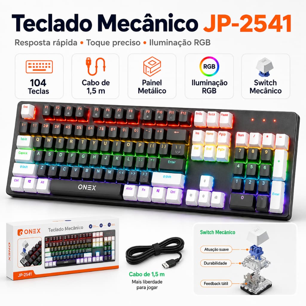 Teclado Mecânico Gamer RGB JP-2541 Switch Azul 104 Teclas USB Resposta Rápida para PC Computador