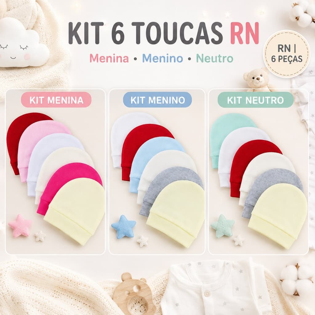 Kit 6 Toucas Coloridas Malha Canelada Touquinha Enxoval Bebê Recém Nascido e Saída Maternidade