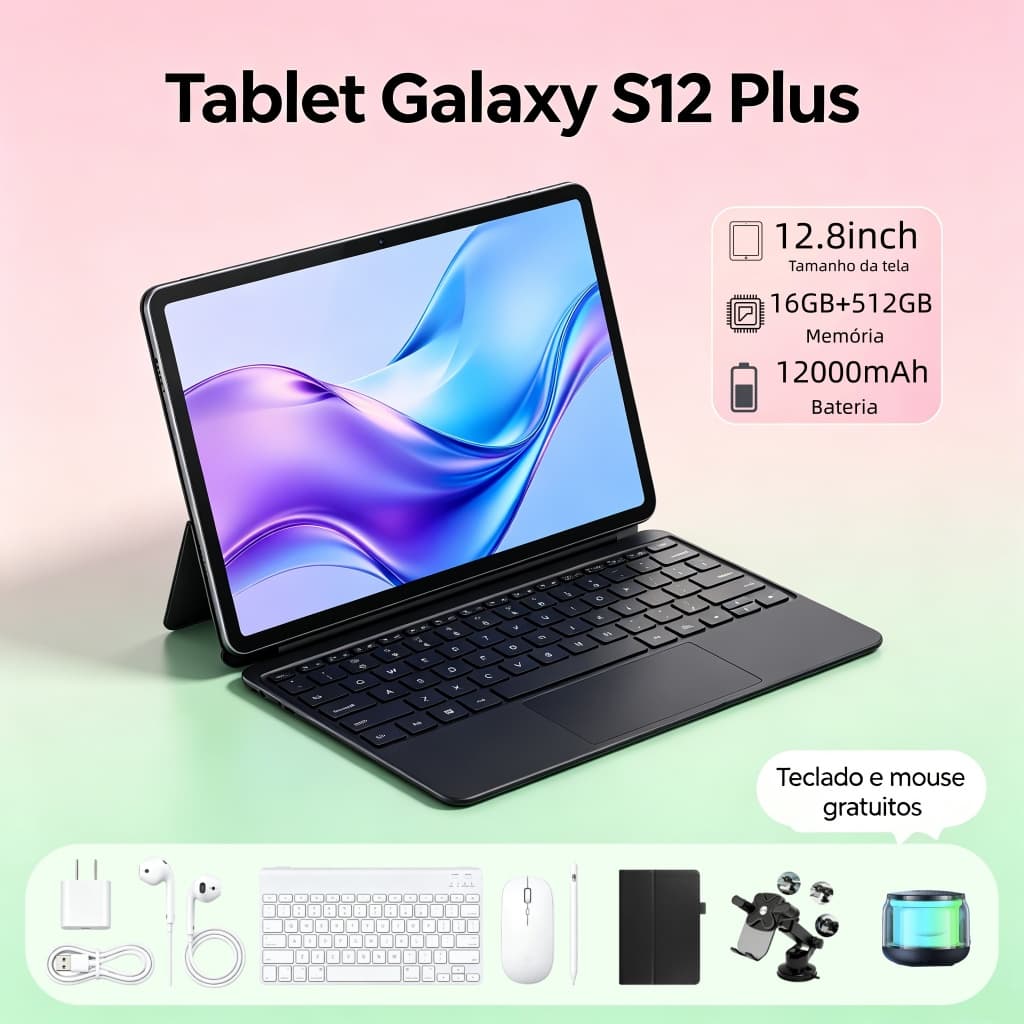 【Garantia oficial】Tablet Galaxy S12 Plus 12,8 polegadas HD 16 GB + 512 GB 12.000 mAh Android 5G – Envio rápido e pix